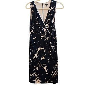 Ann Taylor Small Black Ivory Abstract Wrap Sheath Dress Sleeveless Work EUC